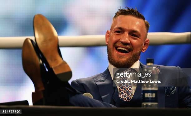 Conor McGregor looks on during the Floyd Mayweather Jr. V Conor McGregor World Press Tour at SSE Arena on July 14, 2017 in London, England.