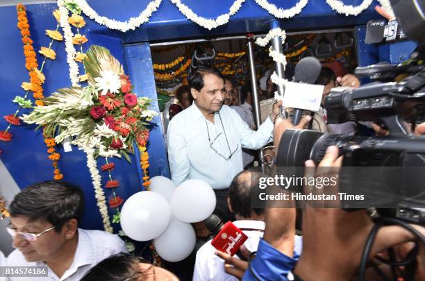 First 1600 hhp Solar DEMU Train flagged off by Union Railway Minister Suresh Prabhu at Safdarjung Railway Station on July 14, 2017 in New Delhi,...