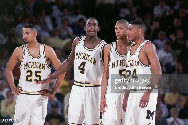 College Basketball: Michigan Juwan Howard , Chris Webber , Jalen Rose , and Jimmy King on court during game vs Indiana, Ann Arbor, MI 3/8/1992