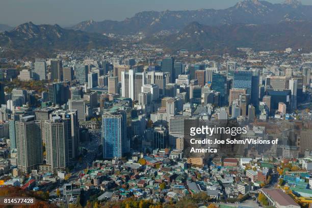 Aerial view of Seoul South Korea Skyline Asia, view from Seoul Tower hilltop.