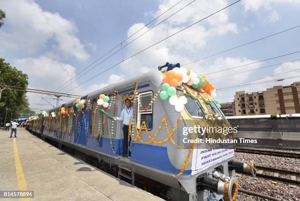 First 1600 hhp Solar DEMU Train flagged off by Union Railway Minister Suresh Prabhu at Safdarjung Railway Station on July 14, 2017 in New Delhi,...