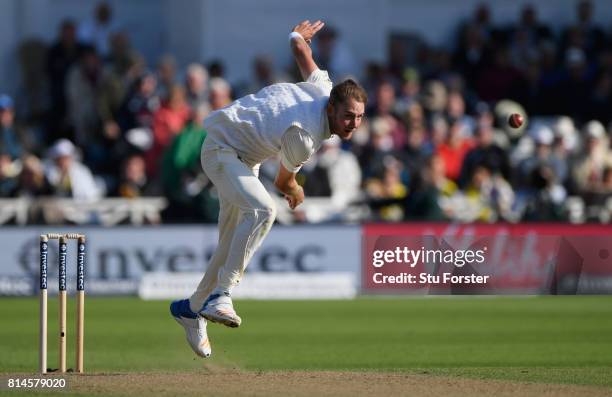 England bowler Stuart Broad in action during day one of the 2nd Investec Test match between England and South Africa at Trent Bridge on July 14, 2017...