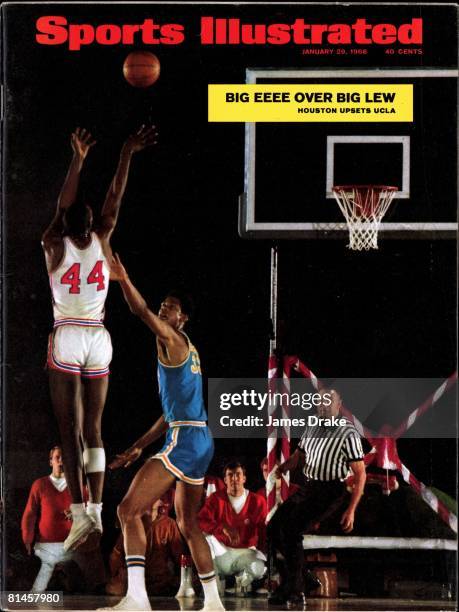 January 29, 1968 Sports Illustrated via Getty Images Cover, College Basketball: UCLA Lew Alcindor in action, playing defense vs Houston Elvin Hayes...