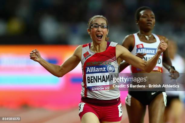 Sanaa Benhama of Morocco celebrates winning the Women's 1500m T13 Final during the IPC World ParaAthletics Championships 2017 at London Stadium on...
