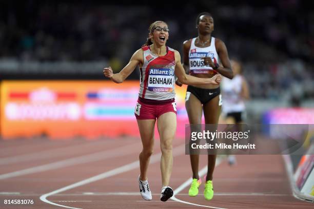 Sanaa Benhama of Morocco celebrates winning the Women's 1500m T13 Final during the IPC World ParaAthletics Championships 2017 at London Stadium on...