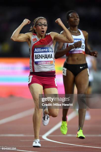 Sanaa Benhama of Morocco celebrates winning the Women's 1500m T13 Final during the IPC World ParaAthletics Championships 2017 at London Stadium on...