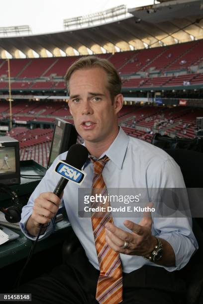 Baseball: Closeup portrait of FOX Sports announcer Joe Buck in St, Louis Cardinals broadcast booth before game vs New York Mets, St Louis, MO 9/8/2005