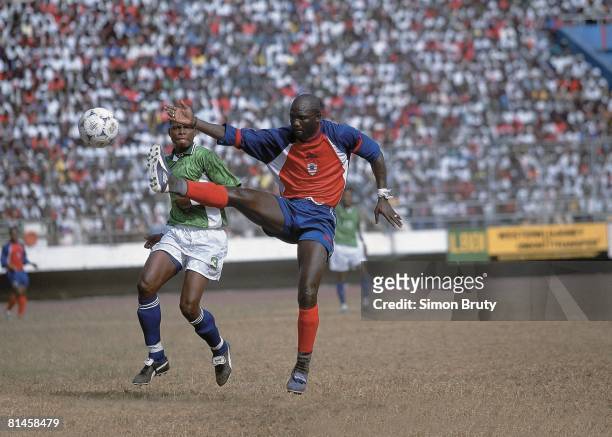 Soccer: World Cup Qualifying, LIB George Weah in action, taking shot vs Sierra Leone, Monrovia, Liberia 2/24/2001