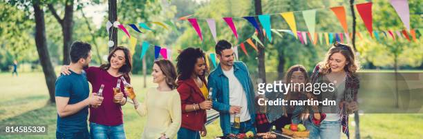 friends enjoying a barbecue among nature - grill friends and beer stock pictures, royalty-free photos & images