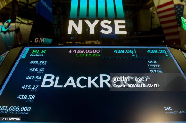 The trading symbol for BlackRock is displayed at the closing bell of the Dow Industrial Average at the New York Stock Exchange on July 14, 2017 in...