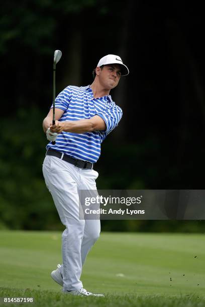 Cody Gribble hits his approach shot on the sixth hole during the second round of the John Deere Classic at TPC Deere Run on July 14, 2017 in Silvis,...