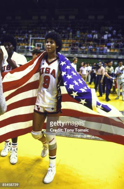 Basketball: Goodwill Games, USA Cheryl Miller victorious with USA flag after winning gold medal game vs USSR, Moscow, USR 7/1/1986