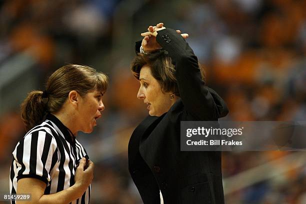 College Basketball: Closeup of Duke coach Gail Goestenkors talking to referee during game vs Tennessee, Knoxville, TN 1/22/2007