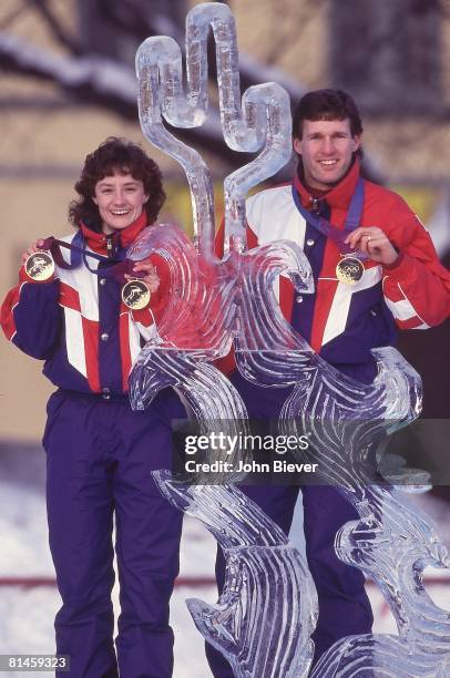 Speed Skating: 1994 Winter Olympics, Portrait of USA Bonnie Blair and Dan Jansen victorious with gold medals, Hamar, NOR 2/26/1994