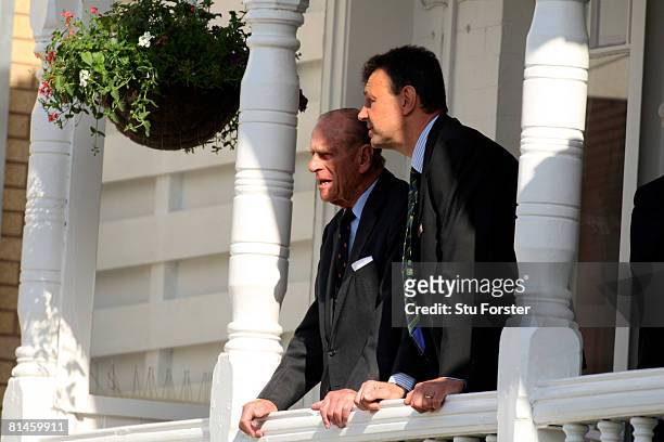 Prince Philip, Duke of Edinburgh watches play from a balcony during day one of the 3rd npower Test Match between England and New Zealand at Trent...