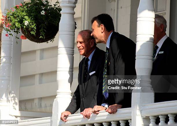 Prince Philip, Duke of Edinburgh watches play from a balcony during day one of the 3rd npower Test Match between England and New Zealand at Trent...
