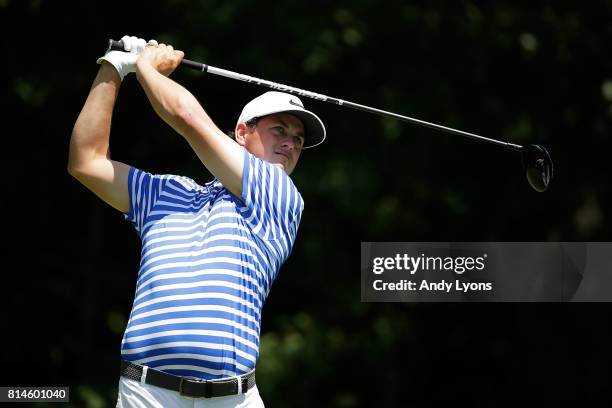 Cody Gribble hits his tee shot on the second hole during the second round of the John Deere Classic at TPC Deere Run on July 14, 2017 in Silvis,...