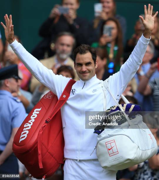 Roger Federer of Switzerland celebrates after beating Tomas Berdych of Czech Republic in the men's semi-finals on day eleven of the 2017 Wimbledon...