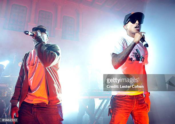 Recording artists Shay Haley and Pharrell Williams of N.E.R.D onstage during the N.E.R.D "Seeing Sounds" performance and release party presented by...