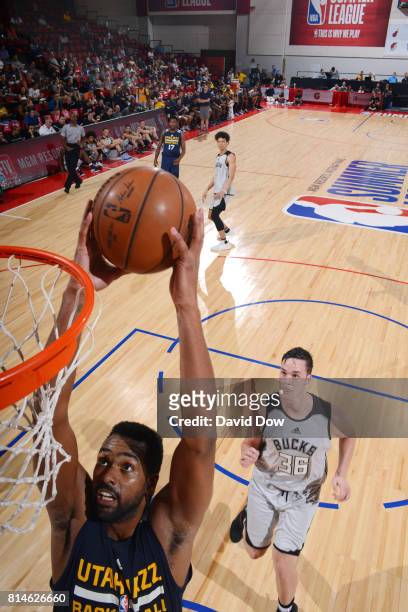 James Southerland of the Utah Jazz shoots the ball against the Milwaukee Bucks during the 2017 Summer League on July 14, 2017 at the Cox Pavilion in...