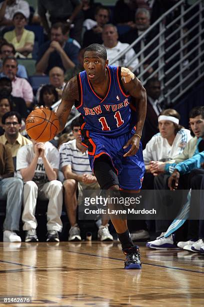 Jamal Crawford of the New York Knicks moves the ball up court during the game against the New Orleans Hornets at the New Orleans Arena on April 4,...