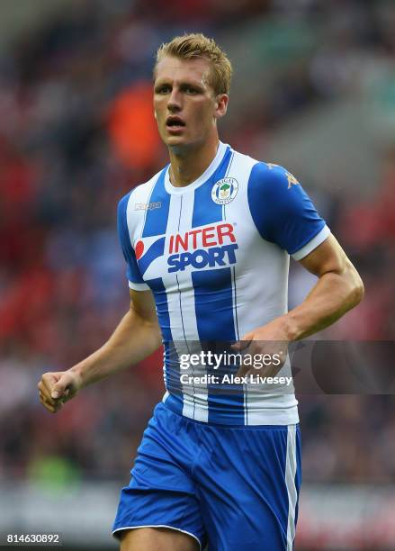 Dan Burn of Wigan Athletic during the pre-season friendly match between Wigan Athletic and Liverpool at DW Stadium on July 14, 2017 in Wigan, England.