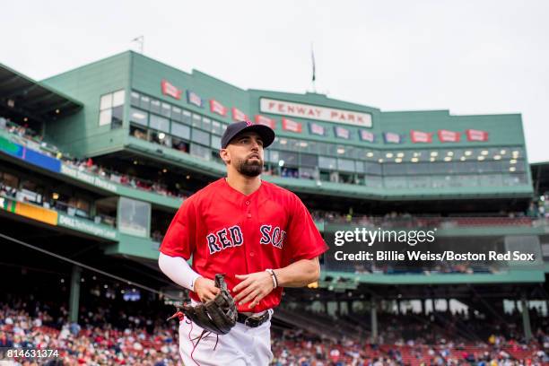 Deven Marrero of the Boston Red Sox runs onto the field before a game against the New York Yankees on July 14, 2017 at Fenway Park in Boston,...