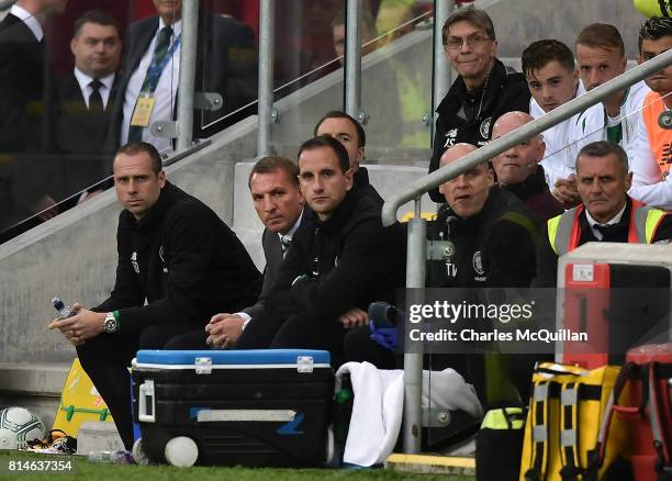 Celtic manager Brendan Rodgers watches from the sidelines during the Champions League second round first leg qualifying game between Linfield and...