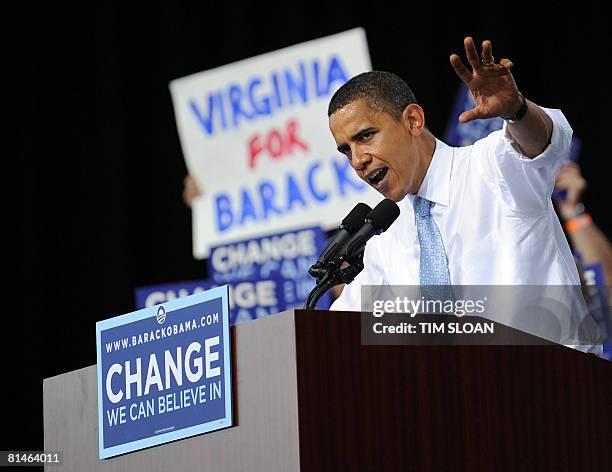 Democratic presidential hopeful Barack Obama addresses a rally to officially kick off the general election campaign on June 05, 2008 at the Nissan...