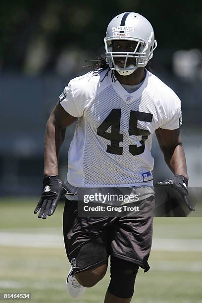 Tight end Darrell Strong of the Oakland Raiders works out during Oakland Raiders Mini Camp on June 5, 2008 at Raiders Headquarters in Alameda,...