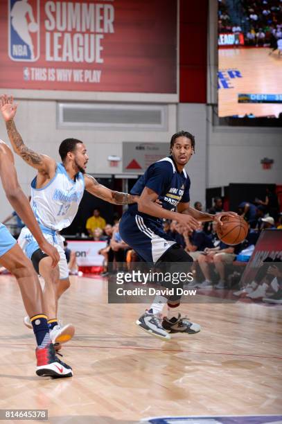 Isaiah Cousins of the New Orleans Pelicans handles the ball against the Denver Nuggets during the 2017 Summer League on July 14, 2017 at the Cox...