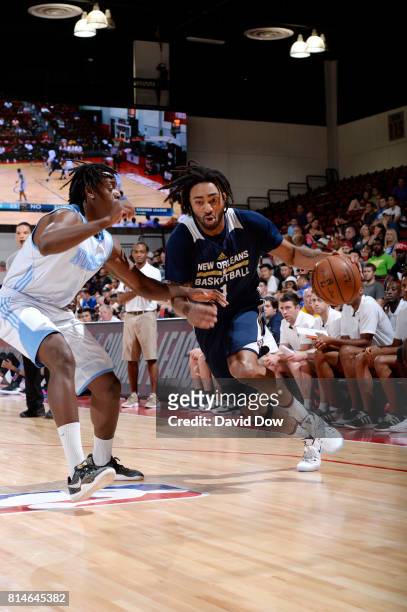 James Young of the New Orleans Pelicans handles the ball against the Denver Nuggets during the 2017 Summer League on July 14, 2017 at the Cox...
