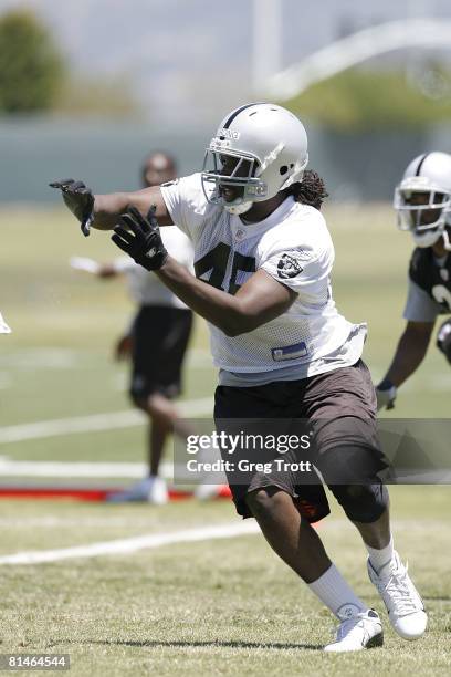 Tight end Darrell Strong of the Oakland Raiders works out during Oakland Raiders Mini Camp on June 5, 2008 at Raiders Headquarters in Alameda,...