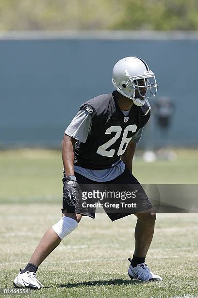 Cornerback Stanford Routt of the Oakland Raiders works out during Oakland Raiders Mini Camp on June 5, 2008 at Raiders Headquarters in Alameda,...