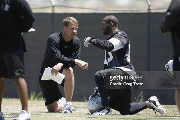 Head coach Lane Kiffin talks with defensive back DeAngelo Hall of the Oakland Raiders during Oakland Raiders Mini Camp on June 5, 2008 at Raiders...