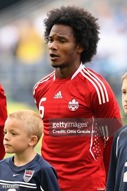 Julian De Guzman of Canada stands in the line-up before the game against Brazil on May 31, 2008 at Qwest Field in Seattle, Washington.