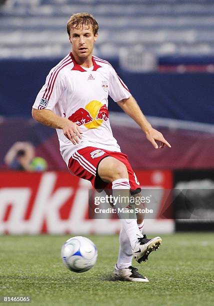 Jeff Parke of the New York Red Bulls plays the ball against the Chivas USA at Giants Stadium in the Meadowlands on June 6, 2008 in East Rutherford,...