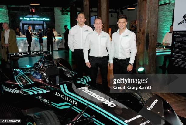 Panasonic Jaguar Racing members James Barclay, Adam Carroll and Mitch Evans attend the Jaguar Formula E RE:Charge Event at The Liberty Warehouse on...