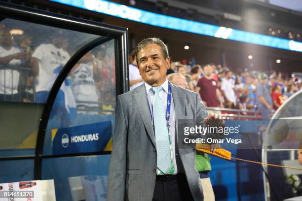 Jorge Luis Pinto coach of Honduras looks on prior to the CONCACAF Gold Cup Group A match between Canada and Honduras at Toyota Stadium on July 14,...