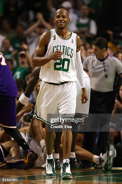 Ray Allen of the Boston Celtics reacts in the third quarter of Game One of the 2008 NBA Finals against the Los Angeles Lakers on June 5, 2008 at TD...