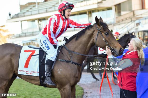 Did It Again ridden by Nikita Beriman returns after winning the John & Denise Cobcroft Handicap at Caulfield Racecourse on July 15, 2017 in...
