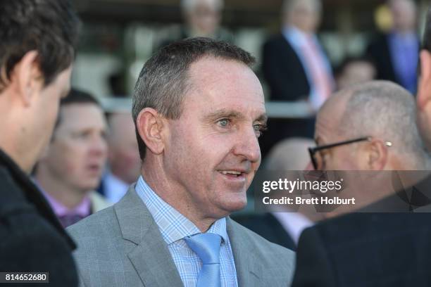 Greg Eurell after I Did It Again ridden by Nikita Beriman won the John & Denise Cobcroft Handicap at Caulfield Racecourse on July 15, 2017 in...
