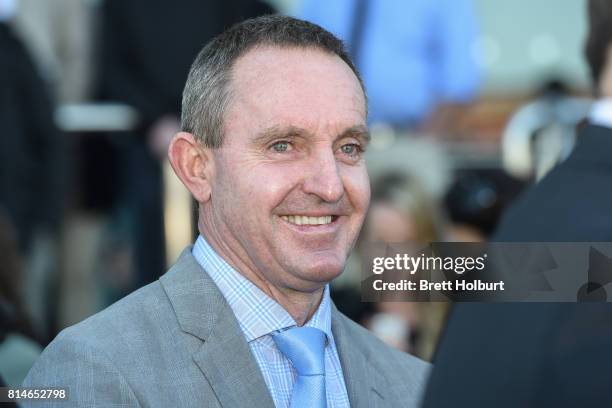 Greg Eurell after I Did It Again ridden by Nikita Beriman won the John & Denise Cobcroft Handicap at Caulfield Racecourse on July 15, 2017 in...