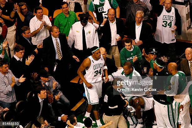 Paul Pierce of the Boston Celtics returns to the court after being taken off in a wheelchair in the third quarter of Game One of the 2008 NBA Finals...