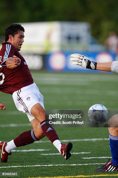 Herculez Gomez of the Colorado Rapids scores against the Kansas City Wizards during the game at Shawnee Mission North High School on June 4, 2008 in...