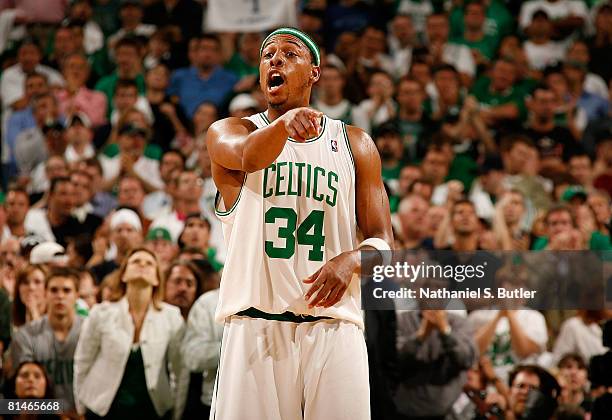 Paul Pierce of the Boston Celtics gestures on court against the Los Angeles Lakers in Game One of the 2008 NBA Finals on June 5, 2008 at the TD...