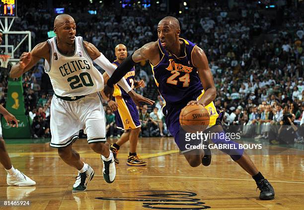 Kobe Bryant of the Los Angeles Lakers outpasses Ray Allen of the Boston Celtics during Game One of the 2008 NBA Finals in Boston, Massachusetts on...
