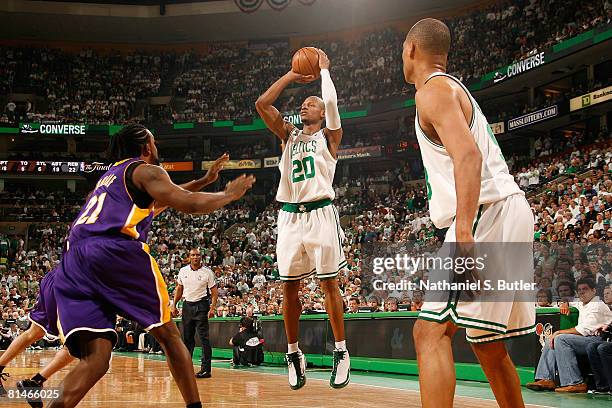 Ray Allen of the Boston Celtics attempts a shot against the Los Angeles Lakers in Game One of the 2008 NBA Finals on June 5, 2008 at the TD Banknorth...