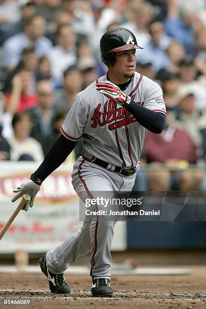 Chipper Jones of the Atlanta Braves connects with a pitch during the game against the Milwaukee Brewers on May 29, 2008 at Miller Park in Milwaukee,...
