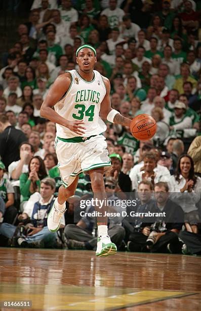 Paul Pierce of the Boston Celtics brings the ball upcourt against the Los Angeles Lakers in Game One of the 2008 NBA Finals on June 5, 2008 at the TD...
